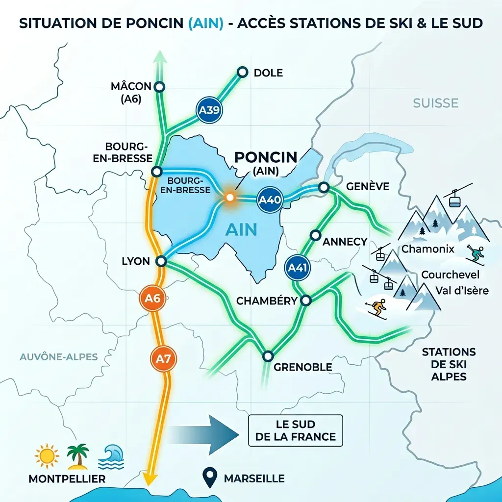 Carte de situation du gîte de Poncin entre Lyon, Genève, Chambéry et Annecy